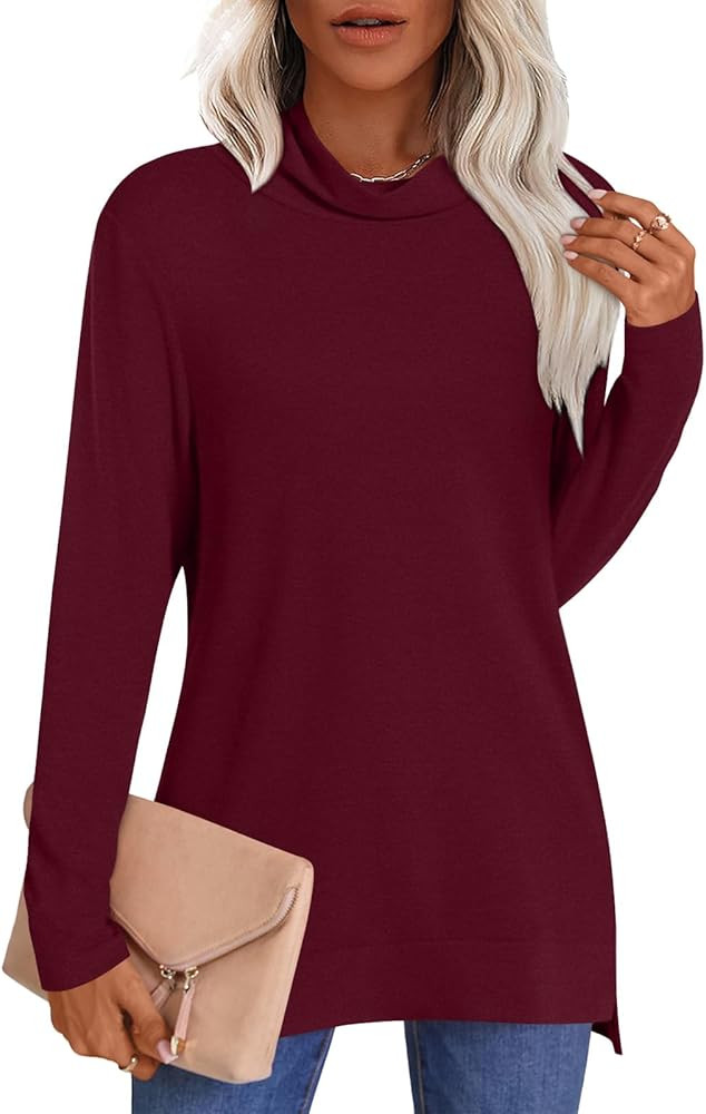 LONGYUAN Women's Tunic Tops Long Sleeve Shirts Turtleneck 2024 Trendy Lightweight Sweaters | Amazon (US)