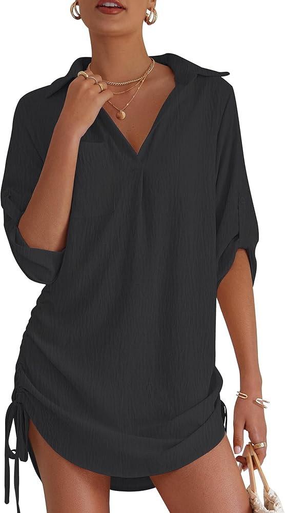 Swimsuit Coverup for Women Bathing Suit Cover Up Summer Swimwear Drawstring Beach Bikini Dress Sh... | Amazon (US)