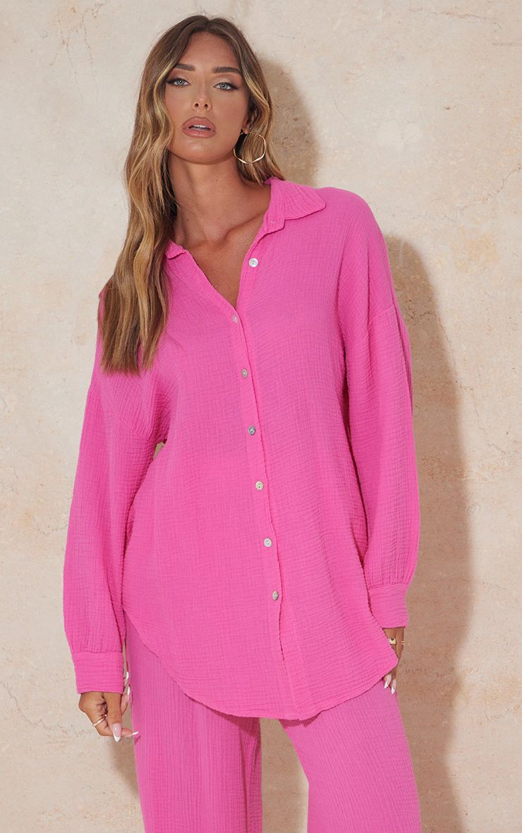 Hot Pink Crinkle Oversized Shirt | PrettyLittleThing US