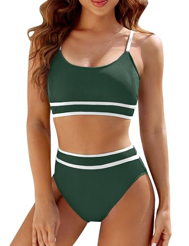 BMJL Women's High Waisted Bikini Ribbed Two Piece Swimsuit High Cut Color Block Adjustable Straps... | Amazon (US)