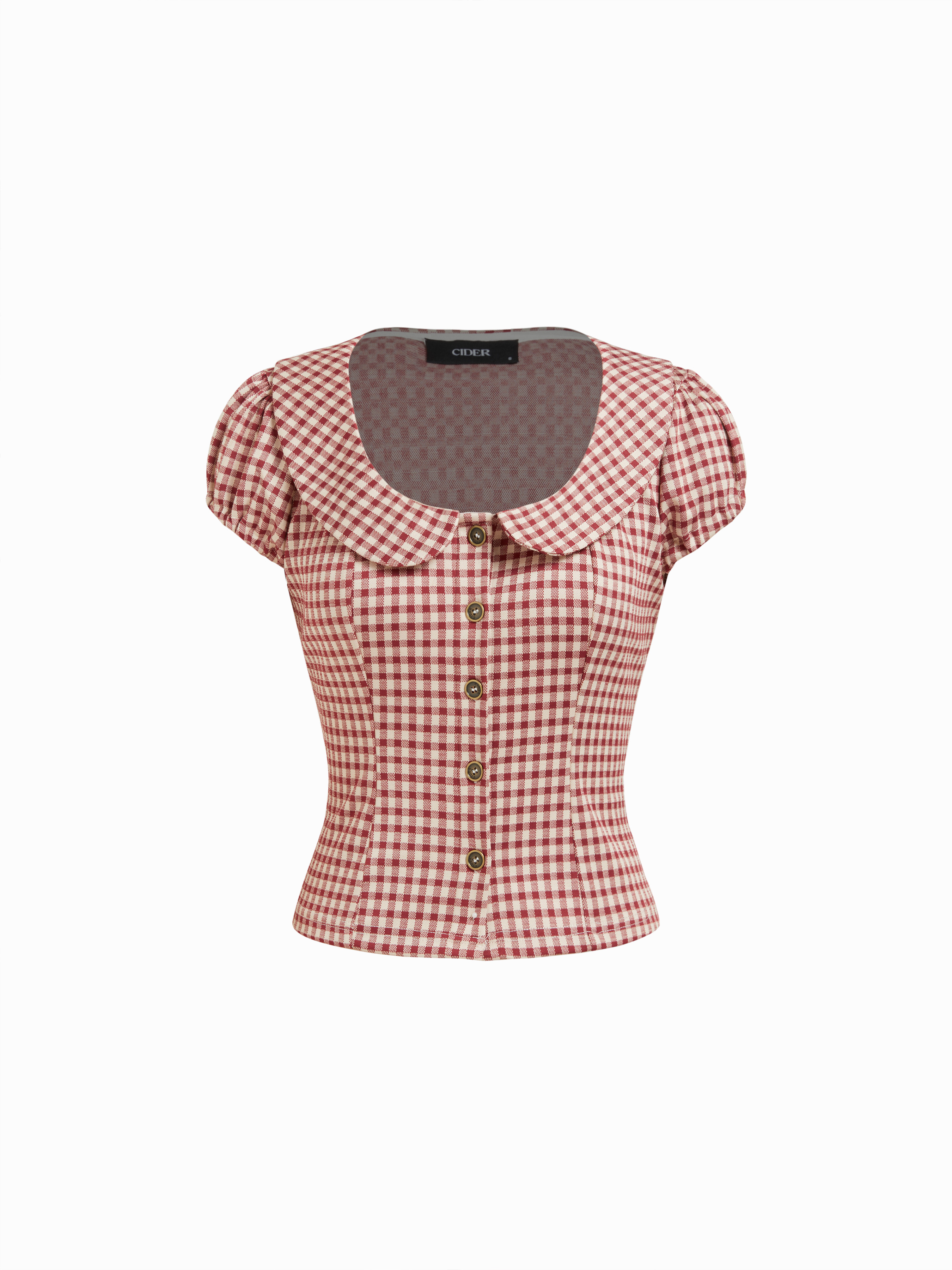 Woven Red Gingham Peter Pan Collar Puff Sleeve Crop Blouse For Daily Casual Date | Cider