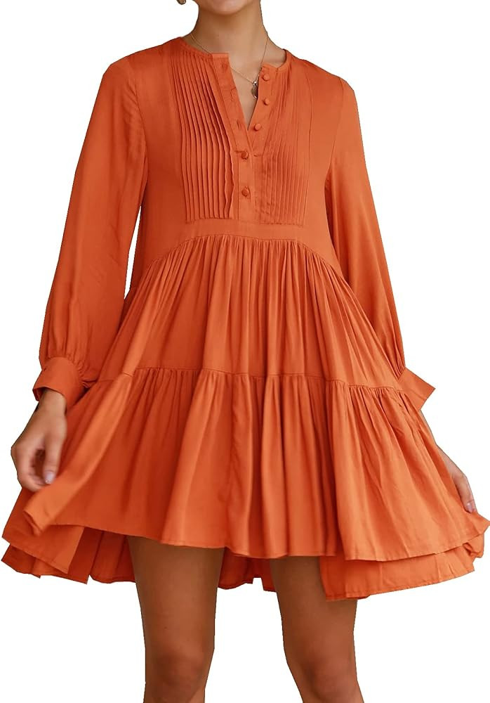 R.Vivimos Womens Fall Long Sleeve Casual Cotton Ruffle Button Down Loose Fit Mini Dress | Amazon (US)