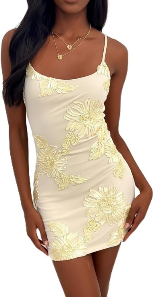Lingswallow Women's Floral Embroidered Mesh Bodycon Dress Spaghetti Strap Mini Dress for Summer C... | Amazon (US)