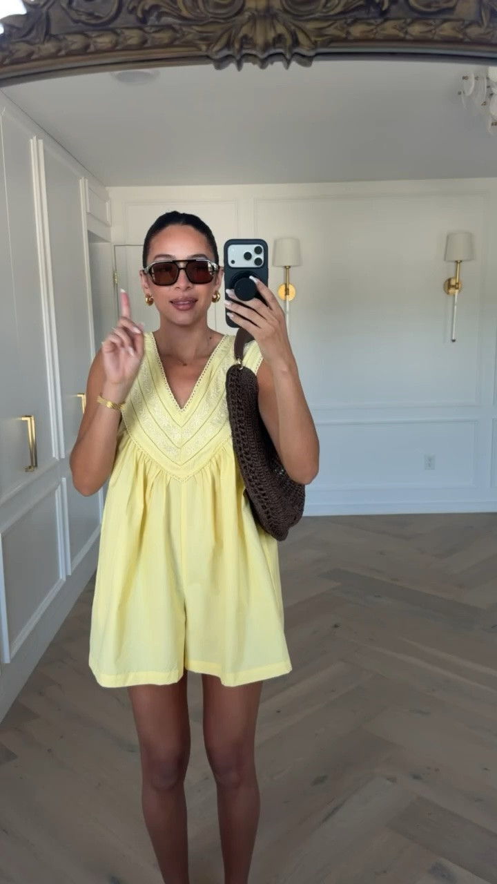 Use code NENA20 to save 20% off orders $100+ 🤩 This romper is mom approved! Relaxed, oversized, and super cute and comfy! Wearing size XS v-neck romper 

summer outfit, butter yellow, casual outfit, lunch outfit, vacation outfit, mom outfit, postpartum outfit, anthropologie sale

#LTKSaleAlert