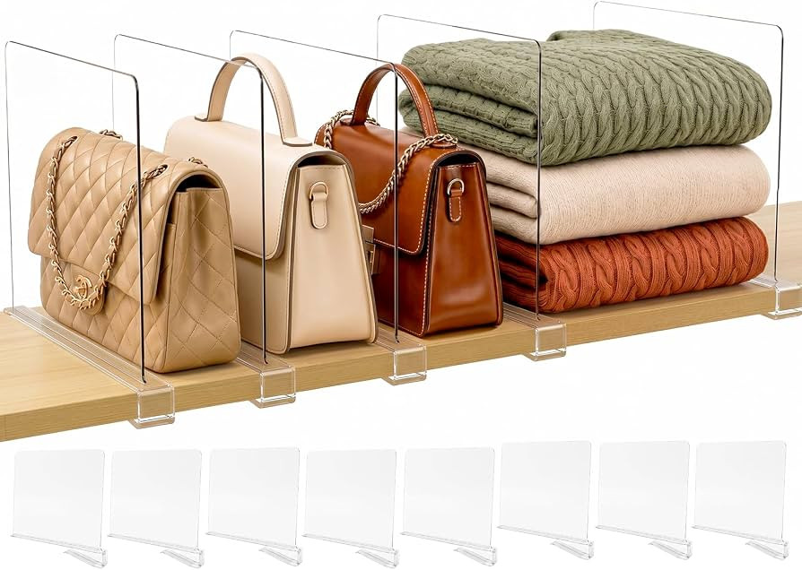 SortNStore Shelf Dividers Purse Organizer for Closet: 8-Pack Acrylic Bag Storage Organizer for Ha... | Amazon (US)