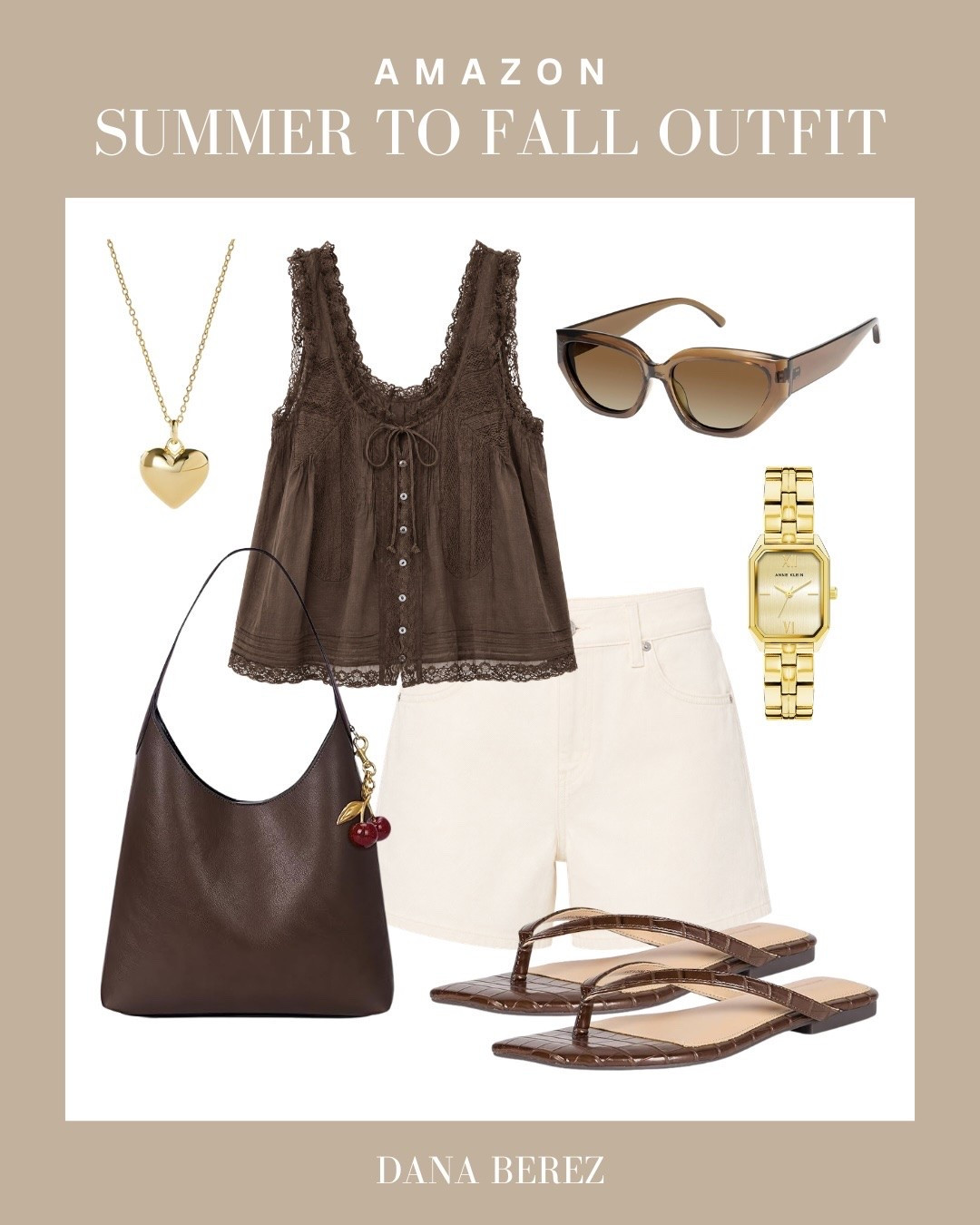 The dreamiest summer-to-fall outfit in rich chocolate brown and creamy neutrals. The lace-trim tank, tailored shorts, cherry-detail bag and gold accessories create an effortless look for brunch, shopping or warm fall days.

Amazon fashion, summer to fall outfit, chocolate brown outfit, neutral style, lace tank, fall fashion finds

#LTKSeasonal #LTKmomlife #LTKgrwm