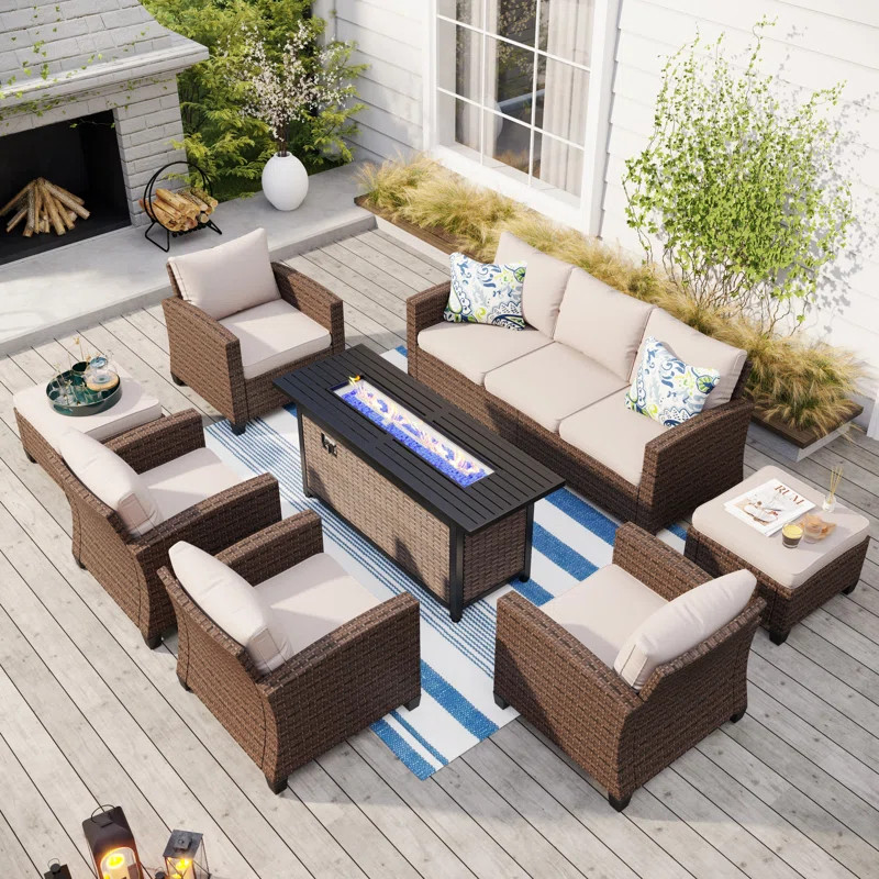 Argyri 9 - Person Outdoor Wicker Patio Conversation Furniture Set with Optional Fire Pit Table | Wayfair North America