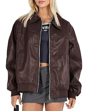 Tankaneo Chaquetas de piel sintética para mujer, de gran tamaño, estilo bomber casual, otoño, ... | Amazon (US)