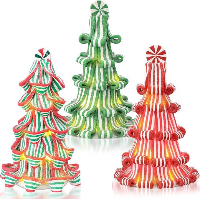 Suzile 3 Pcs Christmas Ribbon Candy Tree Tabletop Decor 7 Inches Mini Light up Resin Clay Pepperm... | Amazon (US)