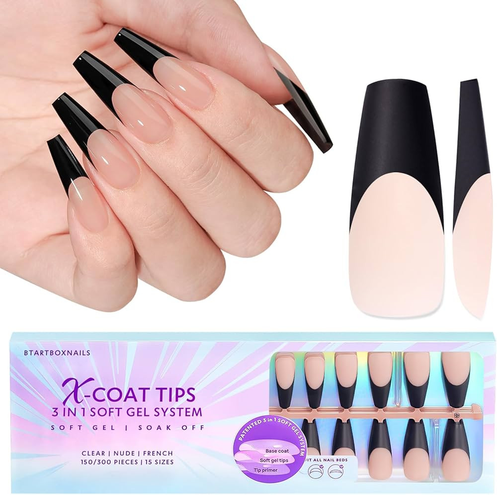 Long Stick on Nails Coffin, BTArtboxnails 300PCS 3 in 1 X-Coat Tips French Nail Tips, Black P... | Amazon (CA)