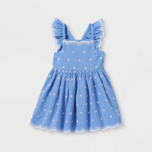 Toddler Girls&#39; Chambray Ruffle Sleeve Embroidered Dress - Cat &#38; Jack&#8482; Blue 5T | Target