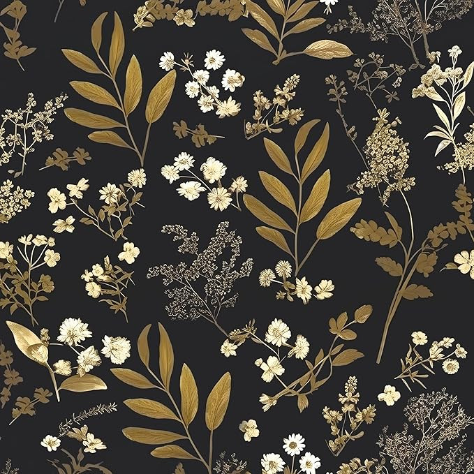 Black Gold Wallpaper Peel and Stick Dark Floral Wallpaper 17.5in x 118in Vintage Leaf Contact Pap... | Amazon (US)