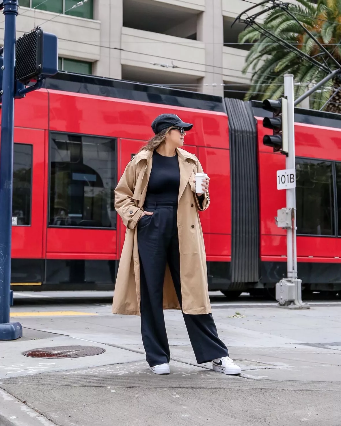 Classic Fall Outfit! 🤎 Trench coat, black wide leg pants, and sneakers for  comfort! ✨ Comment LINK to get outfit links + sizing in