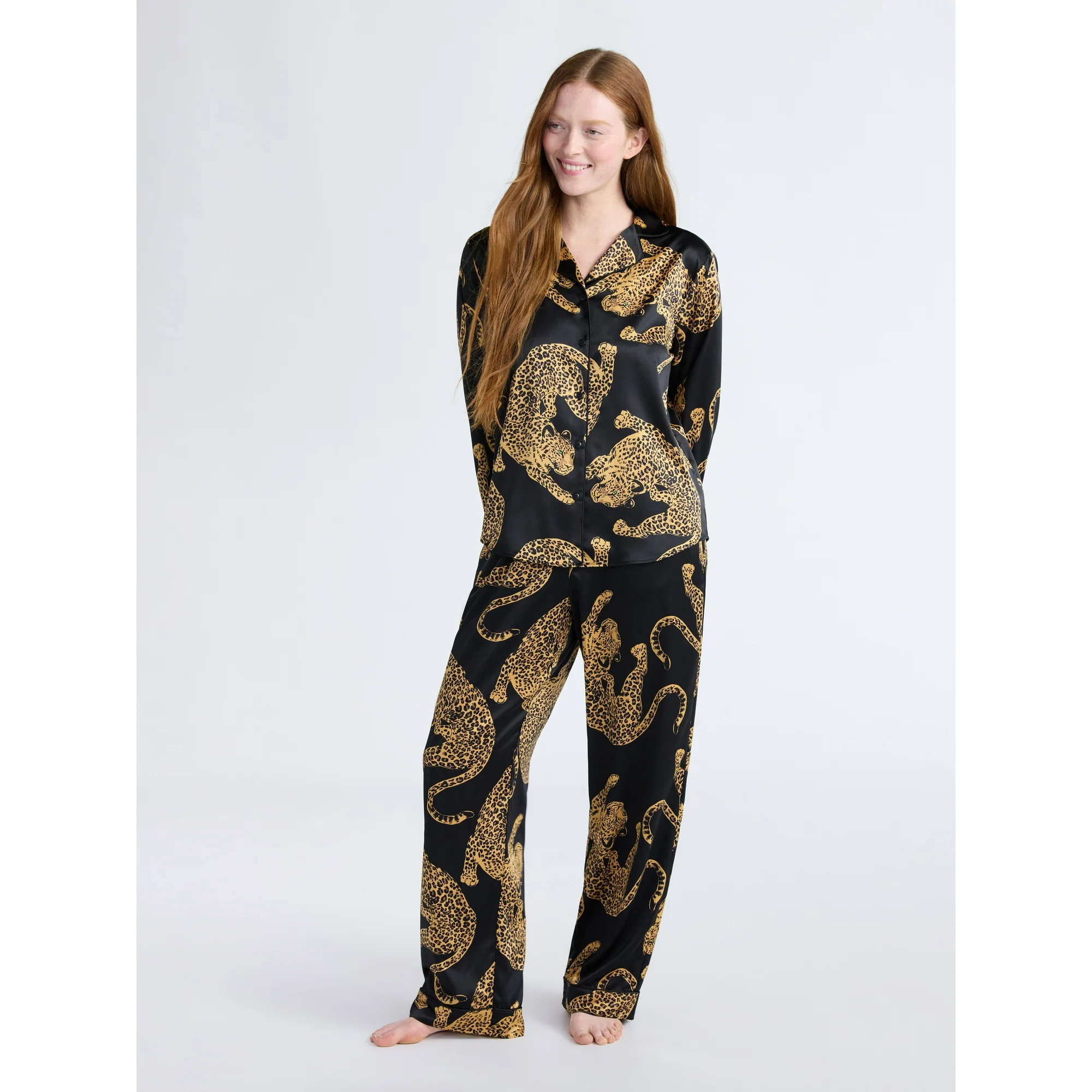 Joyspun Women’s Stretch Satin Notch Long Sleeve Top and Pants Pajama Set, 2-Piece, Sizes XS-3X | Walmart (US)