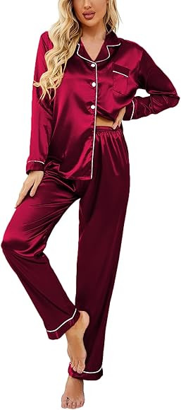 Ekouaer Schlafanzug Damen Satin Pyjama Damen Langarm Pyjama Set mit Knopfleiste Nachtwäsche V-Au... | Amazon (DE)