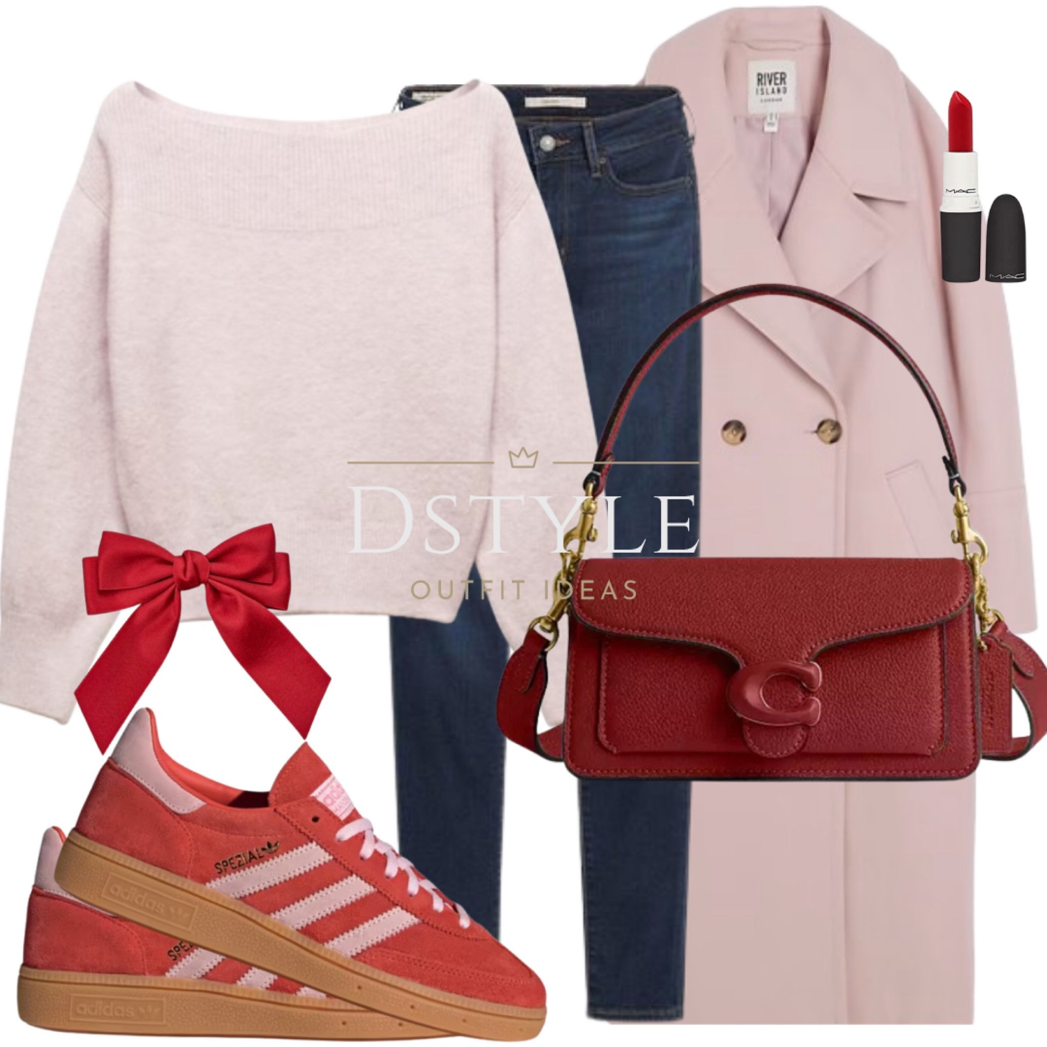 Blushing in style with a pop of red: Boat-neck sweater, dark denim, oversized pink coat, paired with vibrant Adidas Spezial. Top it off with a red hair bow and matching lipstick for the perfect touch. 💋👟 #OOTD #BoldInPink

#LTKHoliday #LTKshoecrush #LTKfindsunder50