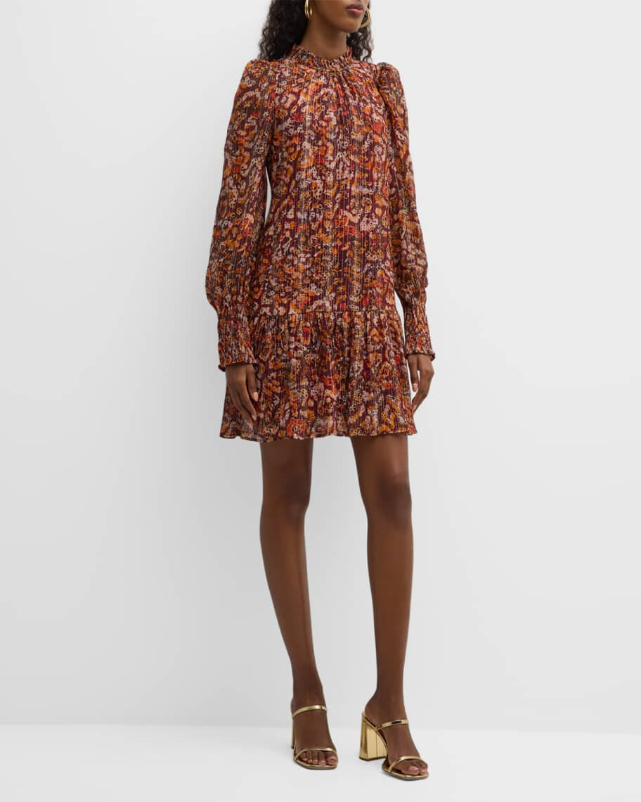 Irena Abstract-Print Blouson-Sleeve Mini Dress | Neiman Marcus