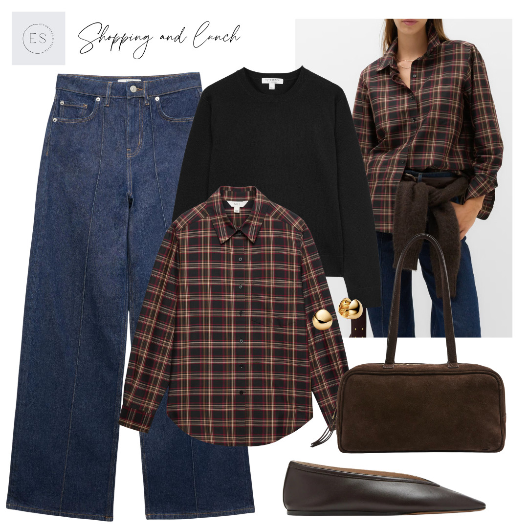 Smart casual Autumn jeans outfit. 

Checked shirt, black cashmere jumper (tied around waist) dark brown suede bowling bag, brown leather ballet flats, gold hoop stud earrings, dark blue wide leg jeans. 

 #LTKuk #LTKautumn #LTKjeans