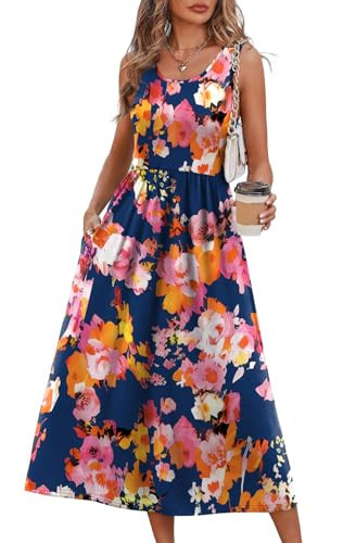 WIHOLL Summer Dresses for Women 2025 Casual Sun Dress Sleeveless Flowy Spring Dress Maxi Midi Dresses for Women Maternity Italian Dress Sundresses for Women Navy Floral Print L | Amazon (US)