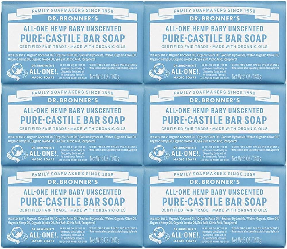 Dr. Bronner's - Pure-Castile Bar Soap (Baby Unscented, 5 oz, 6-Pack) -Made with Organic Oils, For... | Amazon (US)