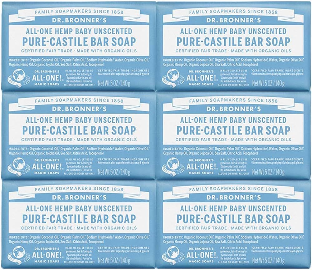 Dr. Bronner's - Pure-Castile Bar Soap (Baby Unscented, 5 oz, 6-Pack) -Made with Organic Oils, For... | Amazon (US)