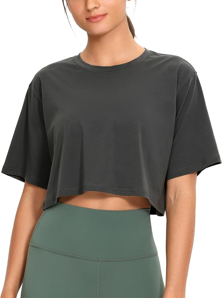 CRZ YOGA Women's Pima Cotton Workout Crop Tops Short Sleeve Yoga Shirts Casual Athletic Running T... | Amazon (US)
