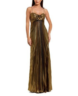 Mac Duggal Thin Strap Pleated Metallic Gown with 3D Flower  | Bloomingdale's Women | Bloomingdale's (US)