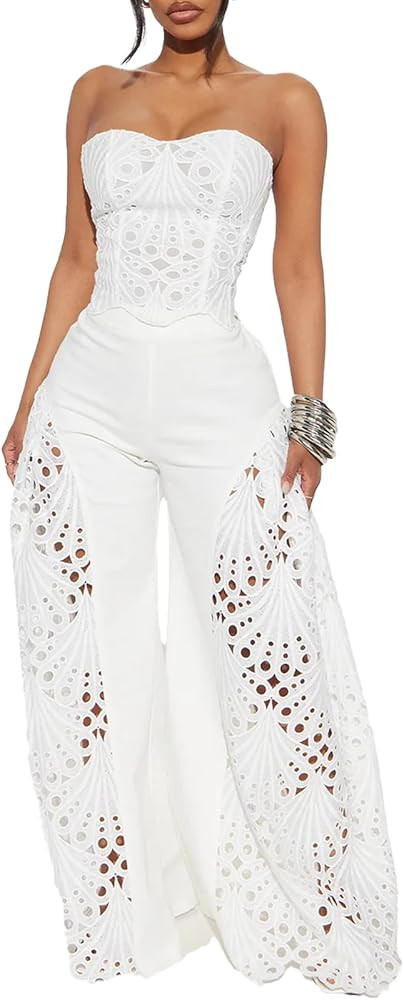 Mandonce 2 Piece Sets for Women Off Shoulder Lace Tube Top and Lace Flowy Wide Leg Pants Beach Va... | Amazon (US)