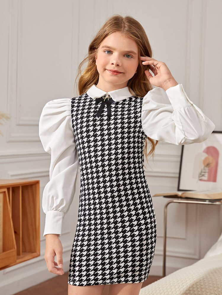 SHEIN Girls Houndstooth Print Gigot Sleeve Fitted Dress | SHEIN