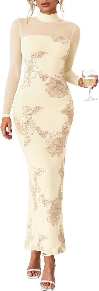 Lazysmile Women's Long Sleeve Fall Floral Bodycon Mesh Maxi Formal Dress | Amazon (US)