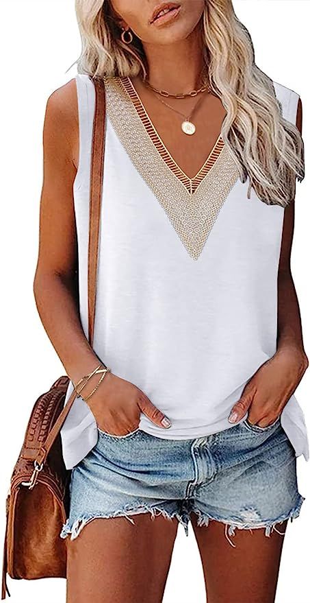 Beimuc Summer Tank Top for Women 2023 Loose Fit V Neck Lace Casual Flowy Sleeveless Tops Basic Fa... | Amazon (US)
