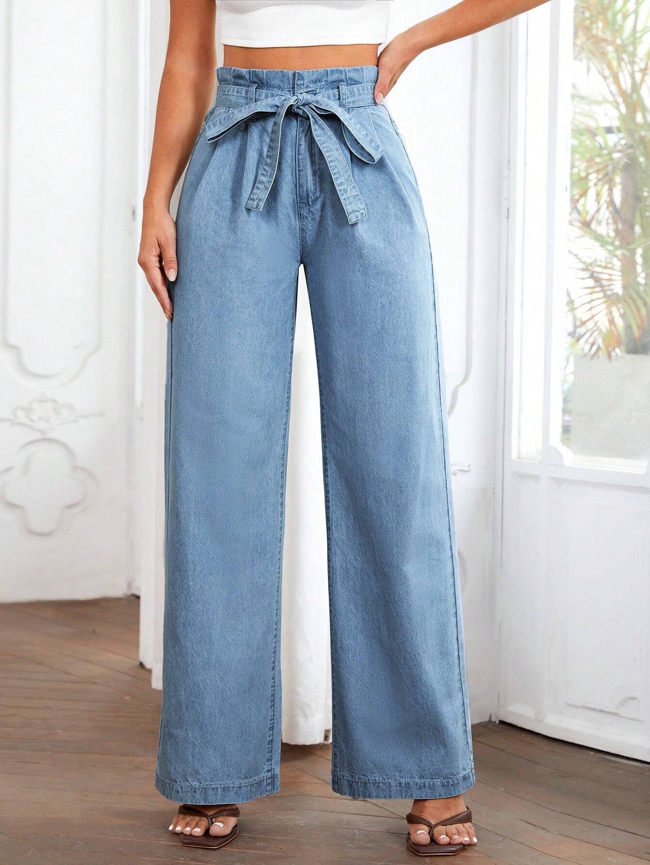 SHEIN LUNE Paperbag Waist Belted Wide Leg Jeans | SHEIN
