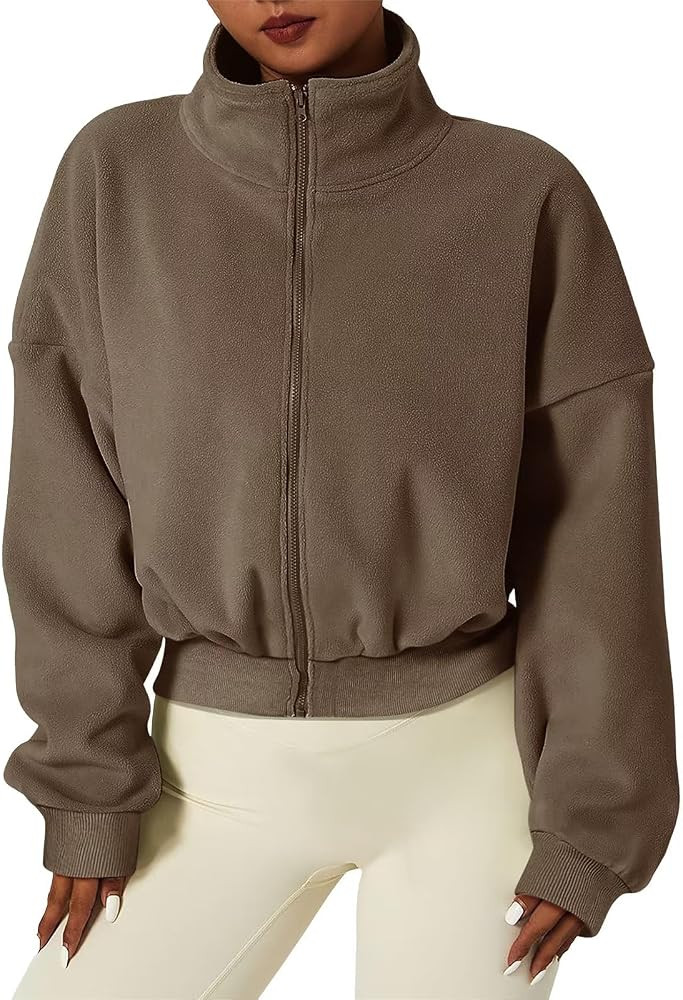 Ovanviso Women's Fleece Jacket Winter Full Zip Cropped Jacket Collar Long Sleeve Short Coat | Amazon (US)