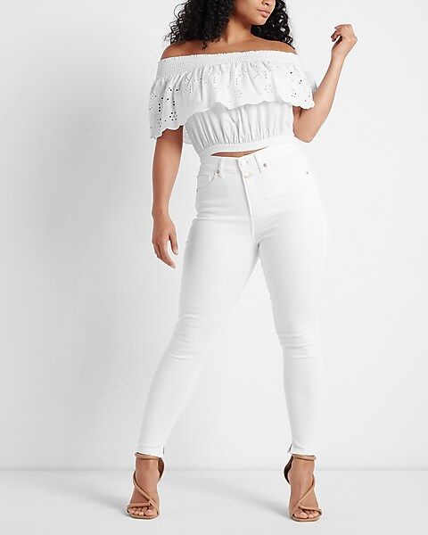 High Waisted White Double Button Cropped Skinny Jeans | Express