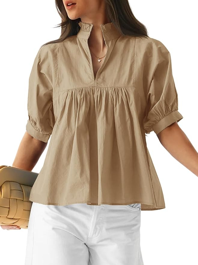 Cicy Bell Womens Puff Sleeve V Neck Blouse Babydoll Peplum Tops Dressy Casual Pleated Loose Fit S... | Amazon (US)