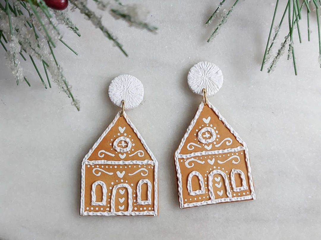 Nordic Inspired Gingerbread House Earrings Handmade Holiday - Etsy | Etsy (US)