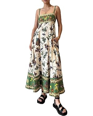 Women Cute Print Maxi Cami Dress Loose Sleeveless Spaghetti Strap Boho Dress Flowy Graffiti Long ... | Amazon (US)