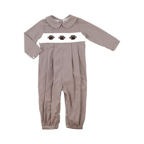Brown Gingham Smocked Football Long Romper | Cecil and Lou