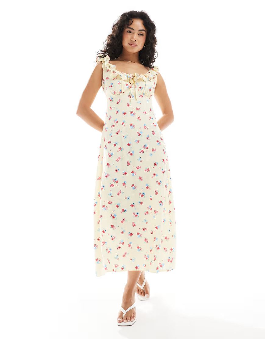 New Look – Midikleid in Gelb mit Blümchenmuster und gebundener Rückseite | ASOS (Global)