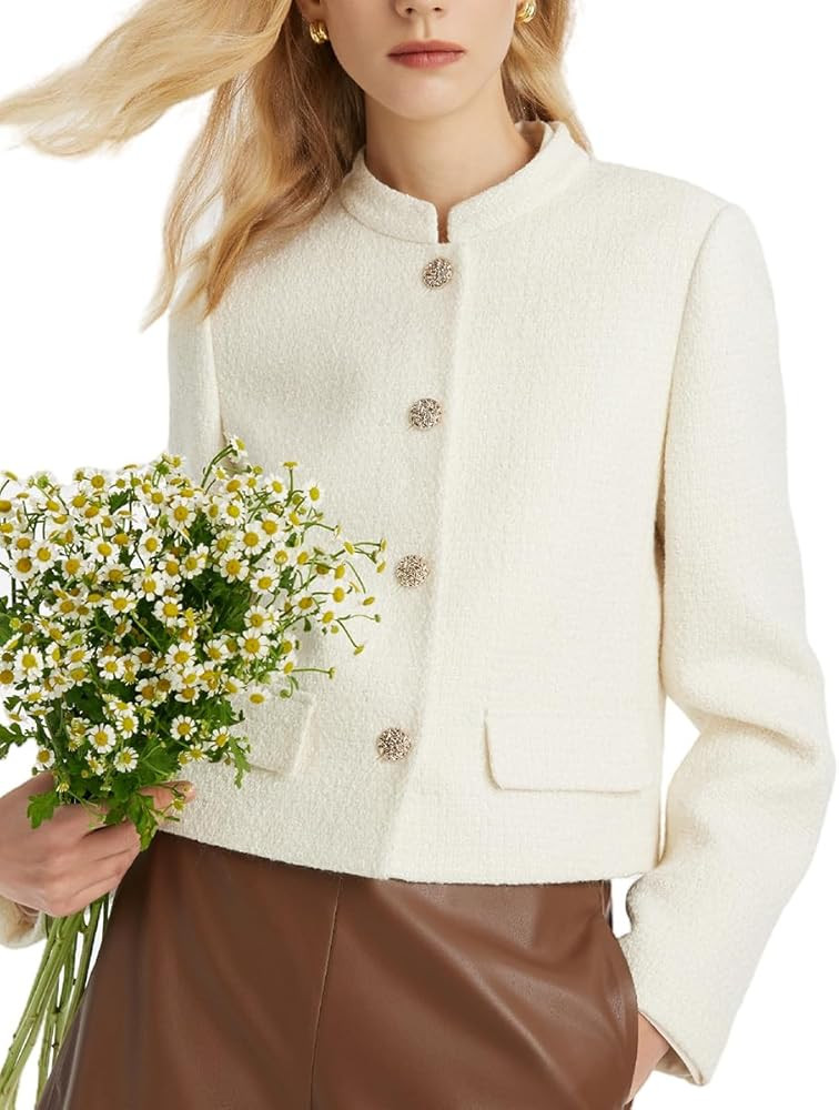 Tweed Cropped Blazer Jacket for Women Open Front Long Sleeve Slim Fit Business Casual Blazer | Amazon (US)