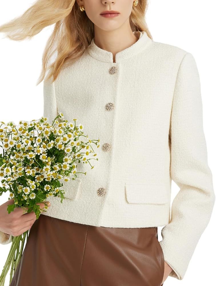 Tweed Blazer Jackets for Women Stand Collar Single-Breasted Off White Jacket Women | Amazon (US)