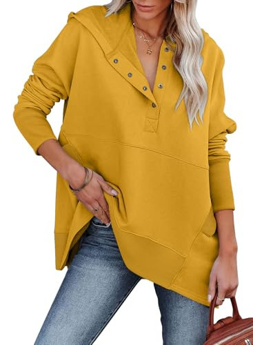 onlypuff Womens V Neck Sweatshirt Oversized Pullover Hoodies for Teen Girls Womens Top Hooded Sweatshirt Juniors Top Pocket Yellow XL | Amazon (US)