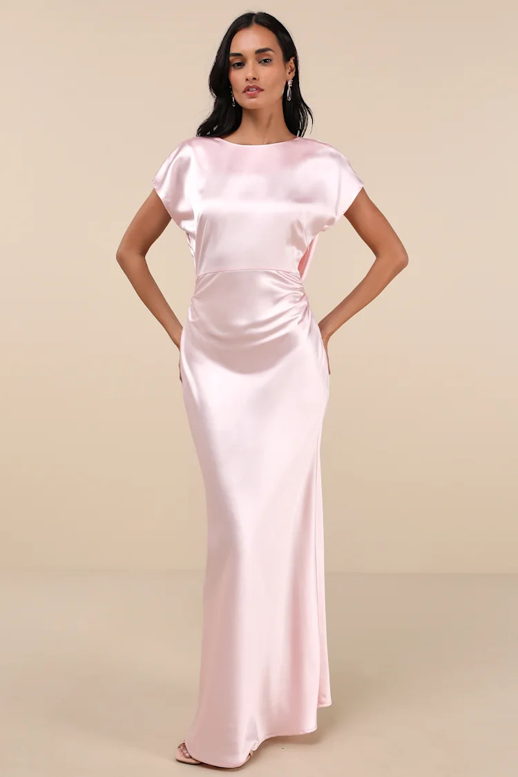 Captivating Presence Blush Pink Satin Cowl Back Maxi Dress | Lulus