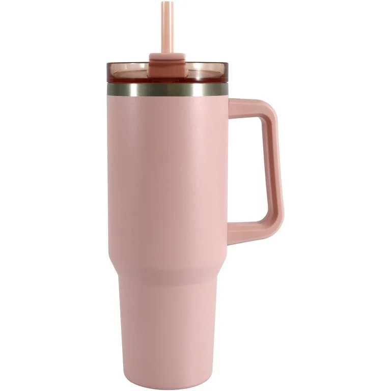 Mainstays 40 oz Stainless Steel Tumbler with Straw and Handle, Double Wall Insulated, Pink | Walmart (US)