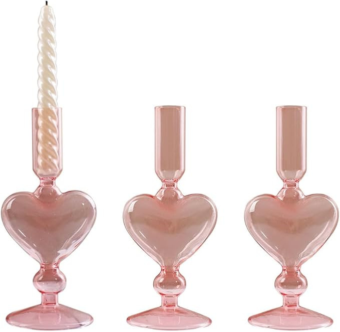 3PCS Glass Candlestick Holder Heart-Shaped Clear Candle Holder Decor for Table Centerpiece Party ... | Amazon (US)