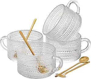 ZOOFOX Set of 4 Glass Coffee Mugs, 14 Oz Clear Glass Cups with Golden Spoons, Vintage Embossed Co... | Amazon (US)