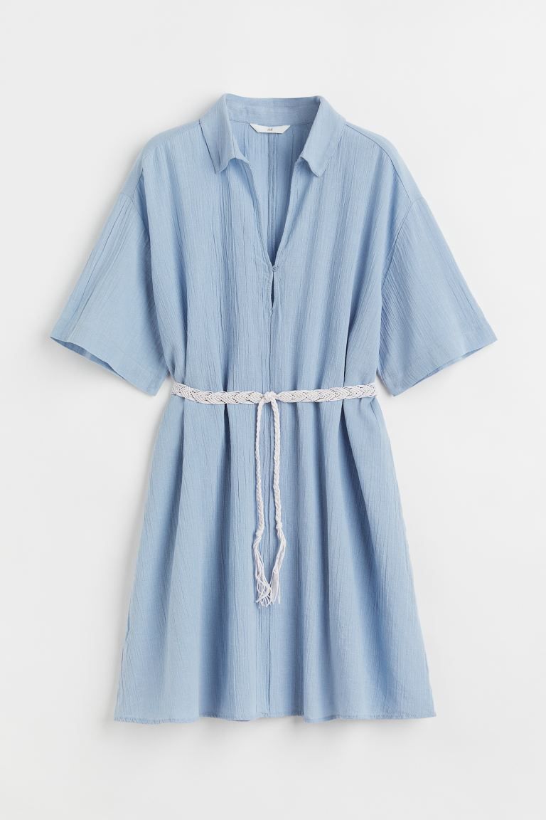 Short dress in a crinkled cotton weave containing some linen. Collar and a V-shaped opening at th... | H&M (US + CA)