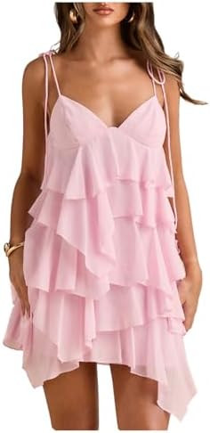 Floerns Women's Cocktail Tie Shoulder Mini Dress Sleeveless Layered Ruffle Cami Sundress | Amazon (US)