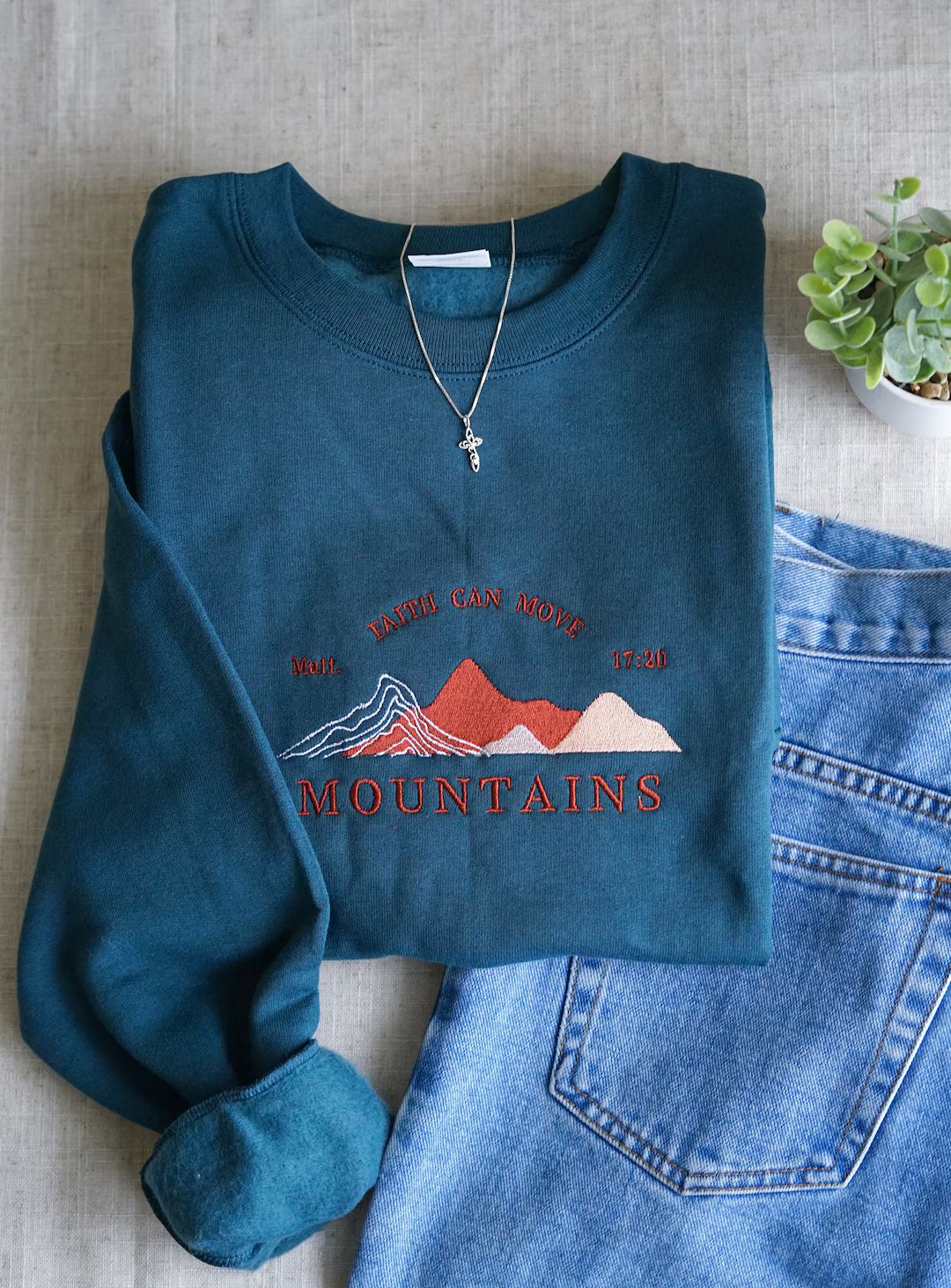 Faith Can Move Mountains, Embroidered Sweatshirt, Jesus Crewneck, Christian Sweater, Faith Crewne... | Etsy (US)