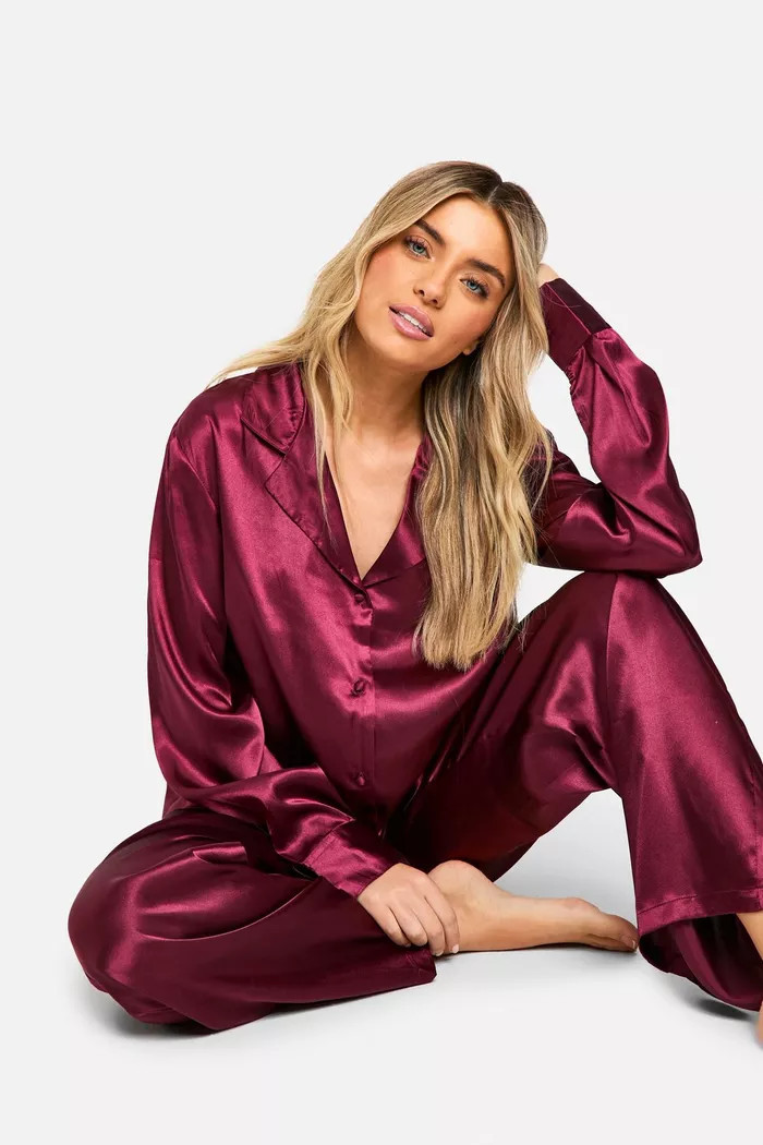 Satin Button Through Shirt & Trouser Pyjama Set | Boohoo.com (UK & IE)
